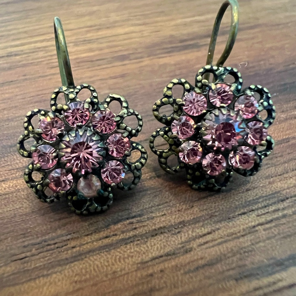Kenny Ma Vintage Victorian Looking Pink Swarovski Hook Dangle Earrings
